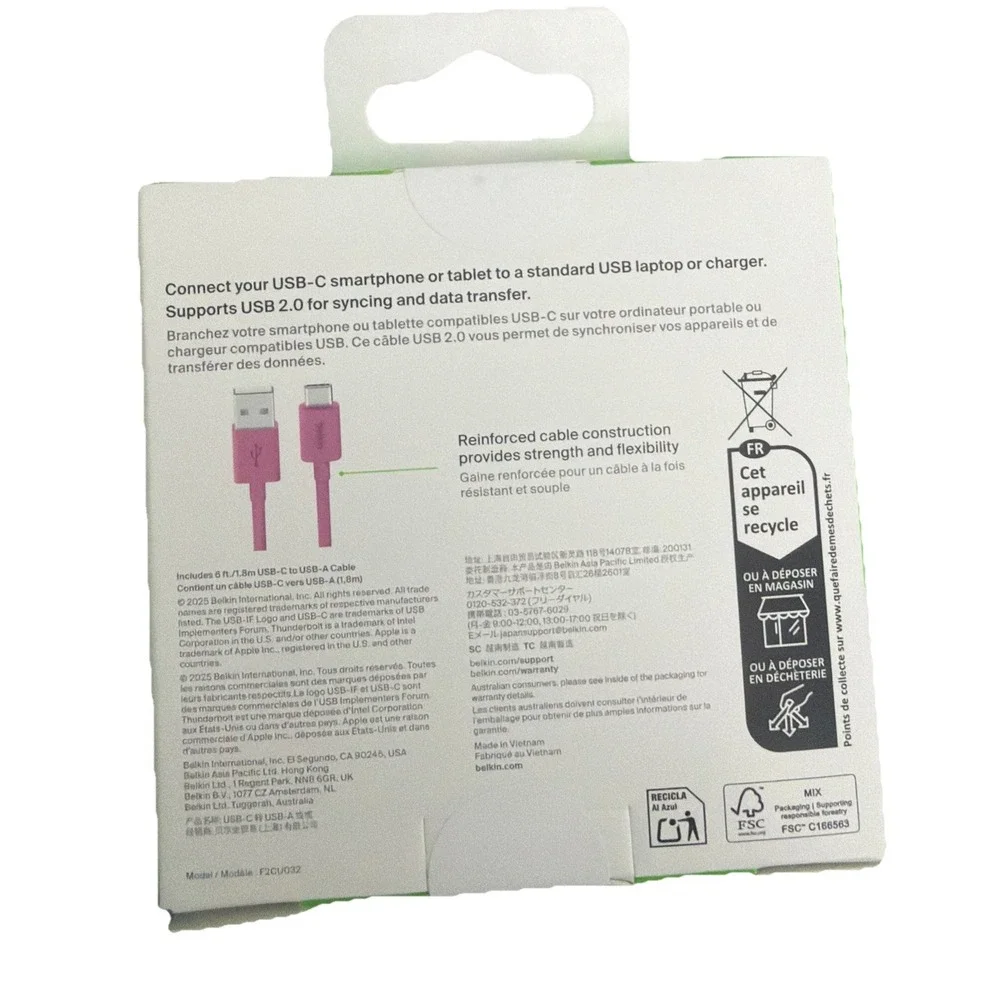 Belkin F2CU032bt06-USB 2.0 Supported USB-C to USB-A Cable (1.8m / 6ft)  PINK New